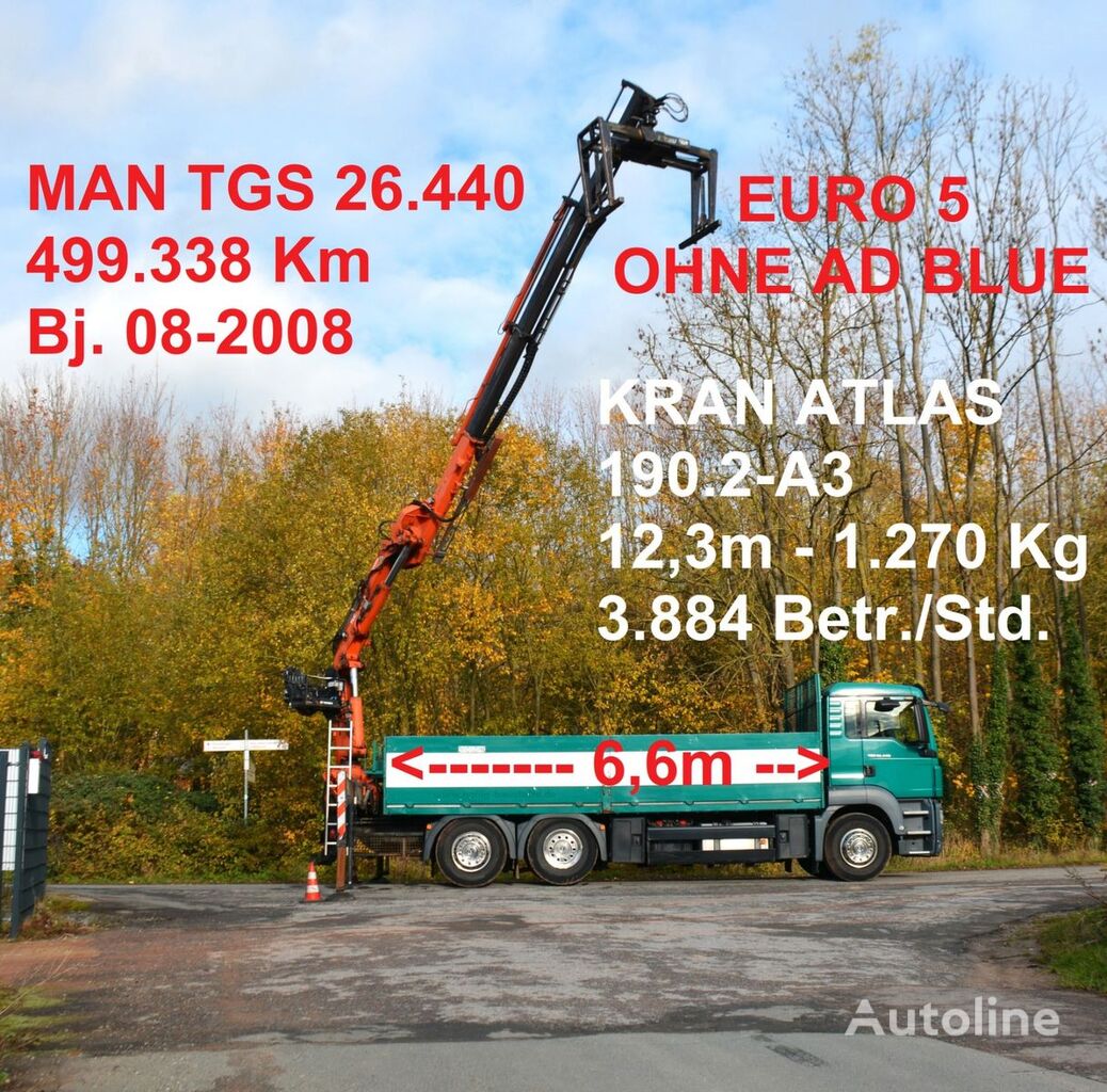 MAN TGS 26.440 EUR4 BAUSTOFF ATLAS 190.2 12,3m-1,3tn kamion s ravnom platformom